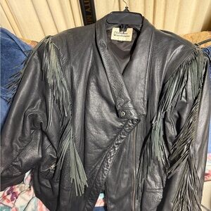 Vintage Leather Warehouse Black Jacket with Fringe